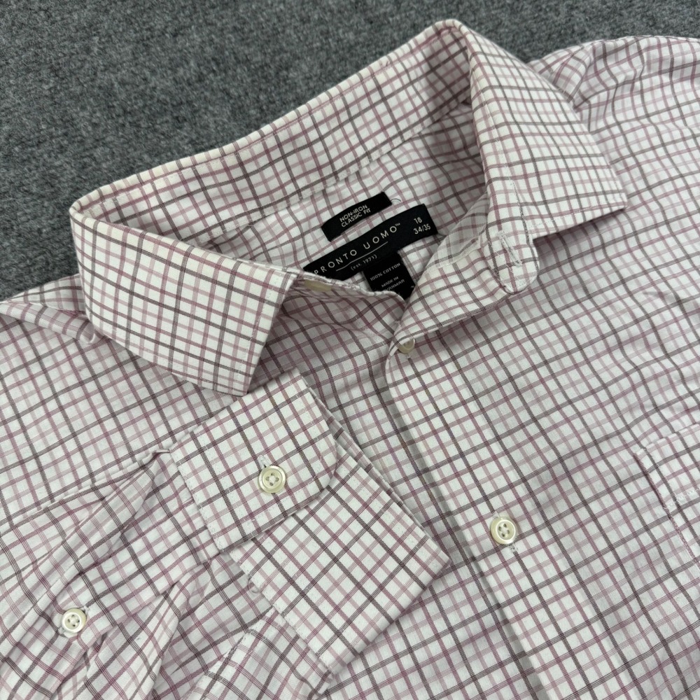 Pronto‎ Uomo Dress Shirt 18 34/35 White Burgundy Plaid Classic Fit Mens